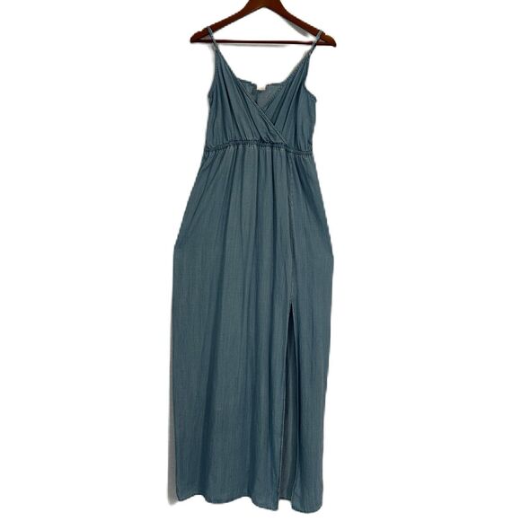 Lovestitch Sundress Women L Blue Chambray Maxi Straps Slit Preppy Boho Beach - Picture 1 of 12